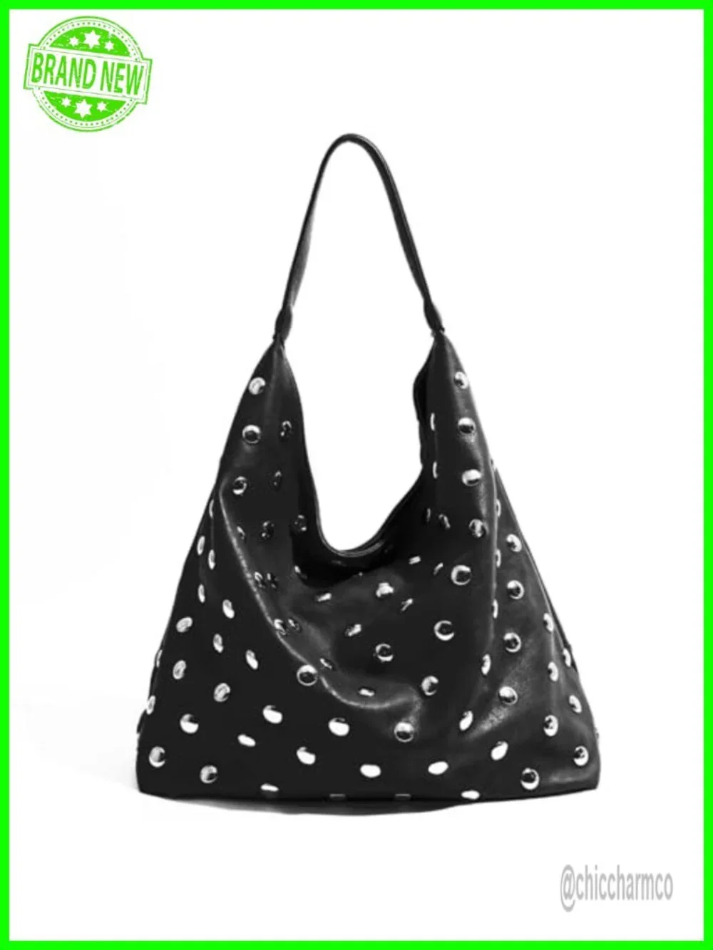 Vegan Leather Studded Hobo Tote Bag Hand-Embellished Slouchy Purse